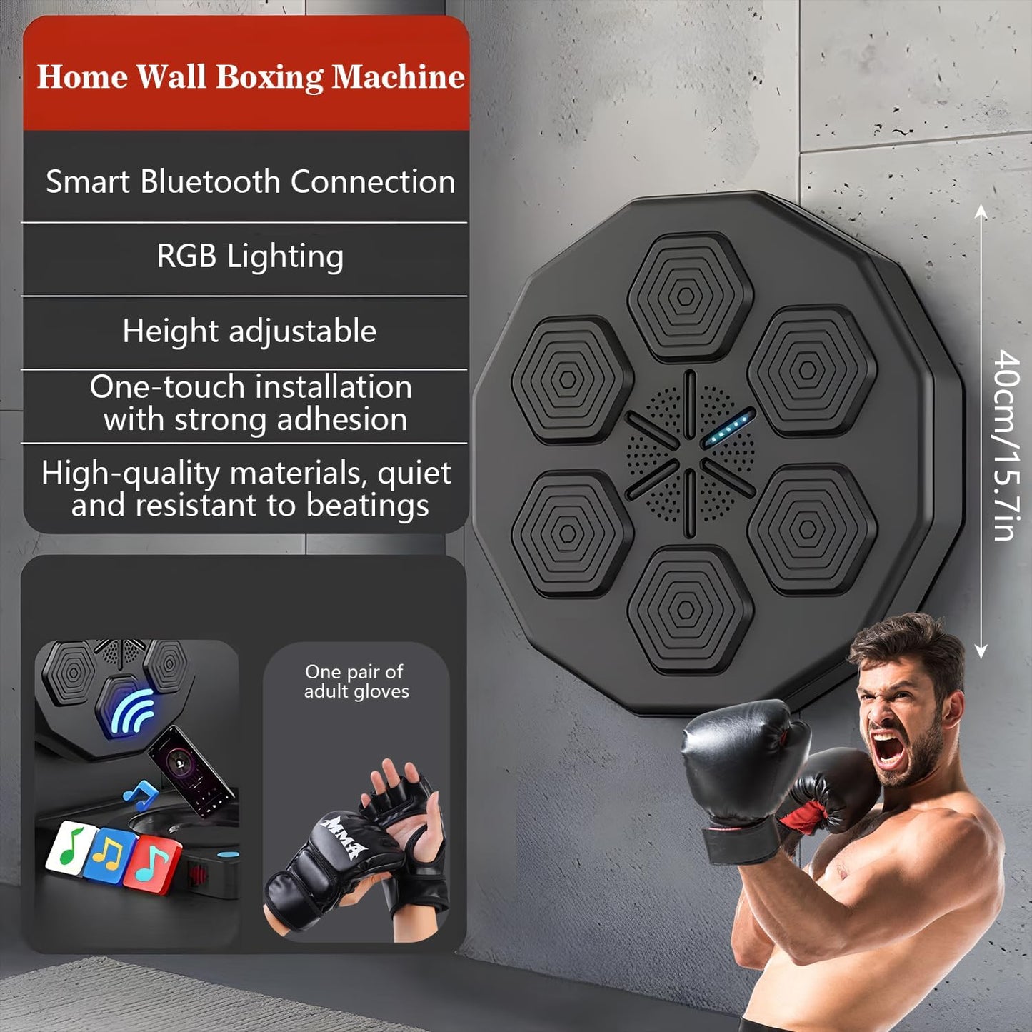 Music Boxing Machine with Boxing Gloves, Wall Mounted Smart Bluetooth Music Boxing Trainer, Electronic Boxing Target Workout Punching Equipment for Home, Indoor and Gym one punch boxing machine punchingboard boxingboard musicboxingmachine